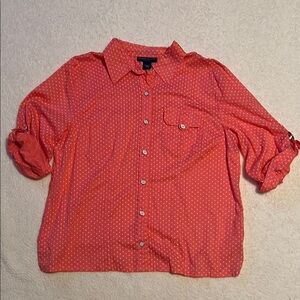 Karen Scott Coral and White Polka Dot button down Shirt size XL Petite